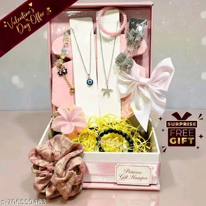 Jewelry set with accessories in a decorative box labeled 'Valentine's Day Offer' and 'Surprise Free Gift'.